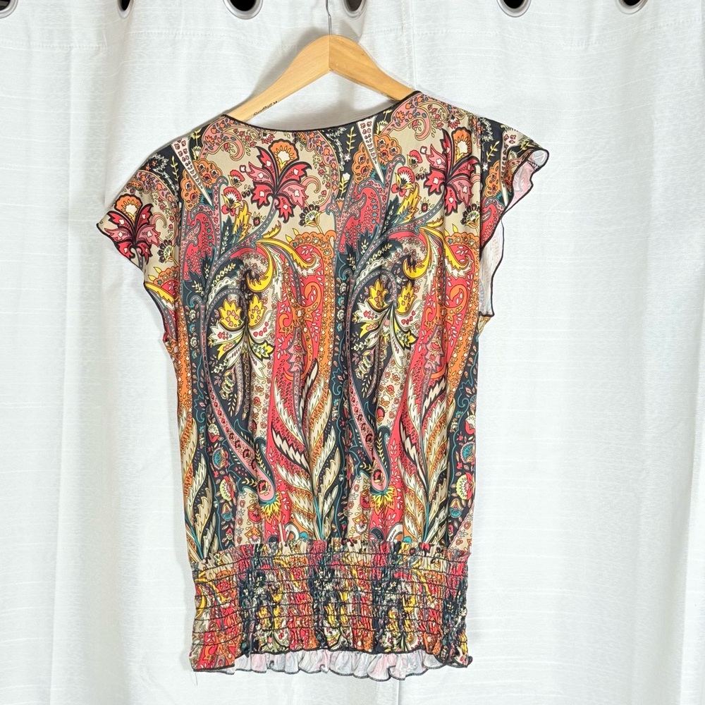 Sele  Multicolor Paisley Blouse with bead mock necklace smocked bottom size M - Picture 4 of 7